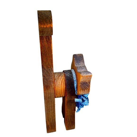 Vtg Wooden Cat Folk Art Hand Painted Shelf Sitter Blue Ribbon Eyelashes Whiskers - Picture 5 of 9